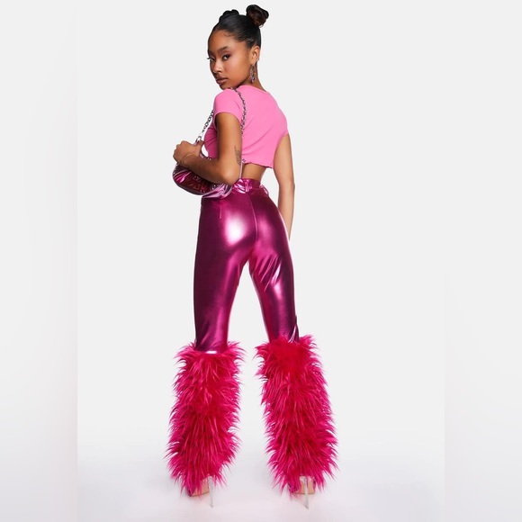 💔SOLD💔 DOLLS KILL Faux Leather Metallic Pants Faux Shag Fur Trim High Waist - Picture 8 of 9